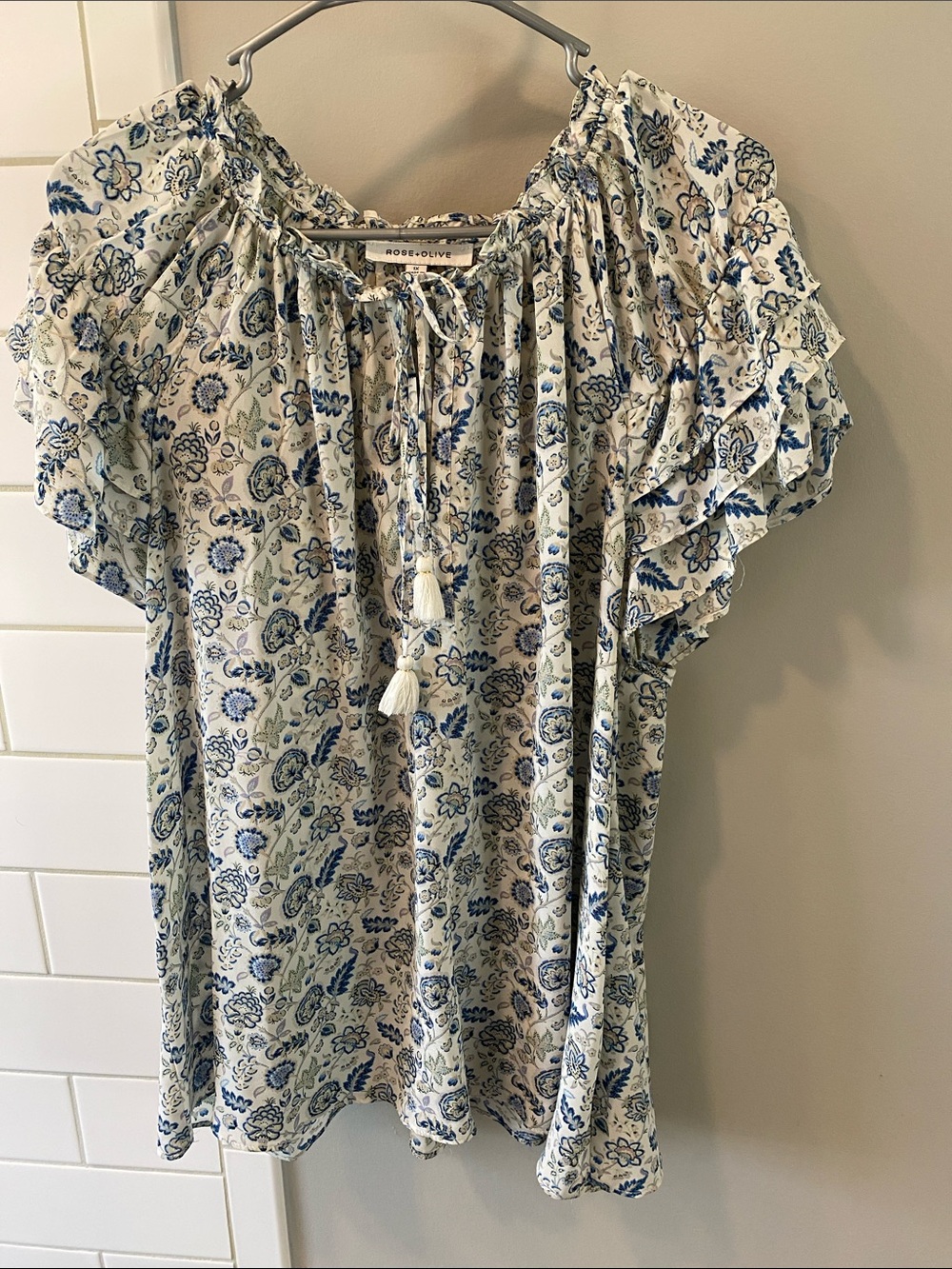Rose & Olive White Floral Tassel Peasant Top with Blue Print